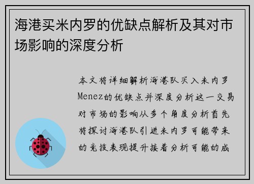 海港买米内罗的优缺点解析及其对市场影响的深度分析