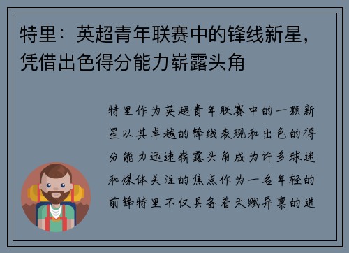 特里：英超青年联赛中的锋线新星，凭借出色得分能力崭露头角
